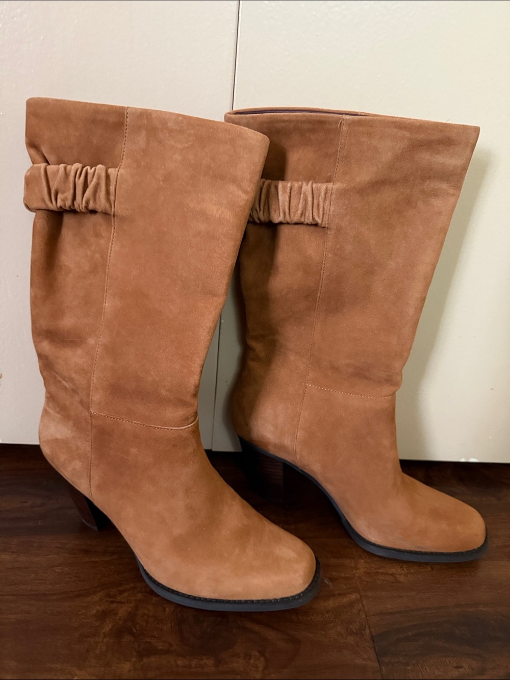 AEROSOLES Tan Suede Mid-Calf Heeled Boots with Ruched Detail